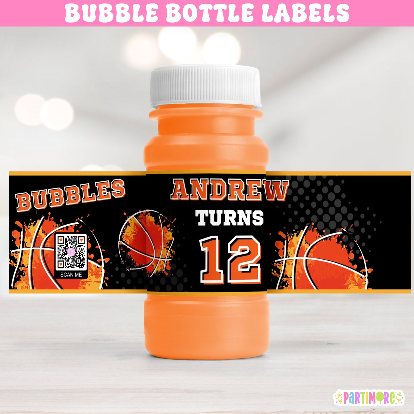 Personalized basketball birthday bubble bottle labels for kids’ and teens sports party favors, featuring orange hoops design for basketball birthday decorations