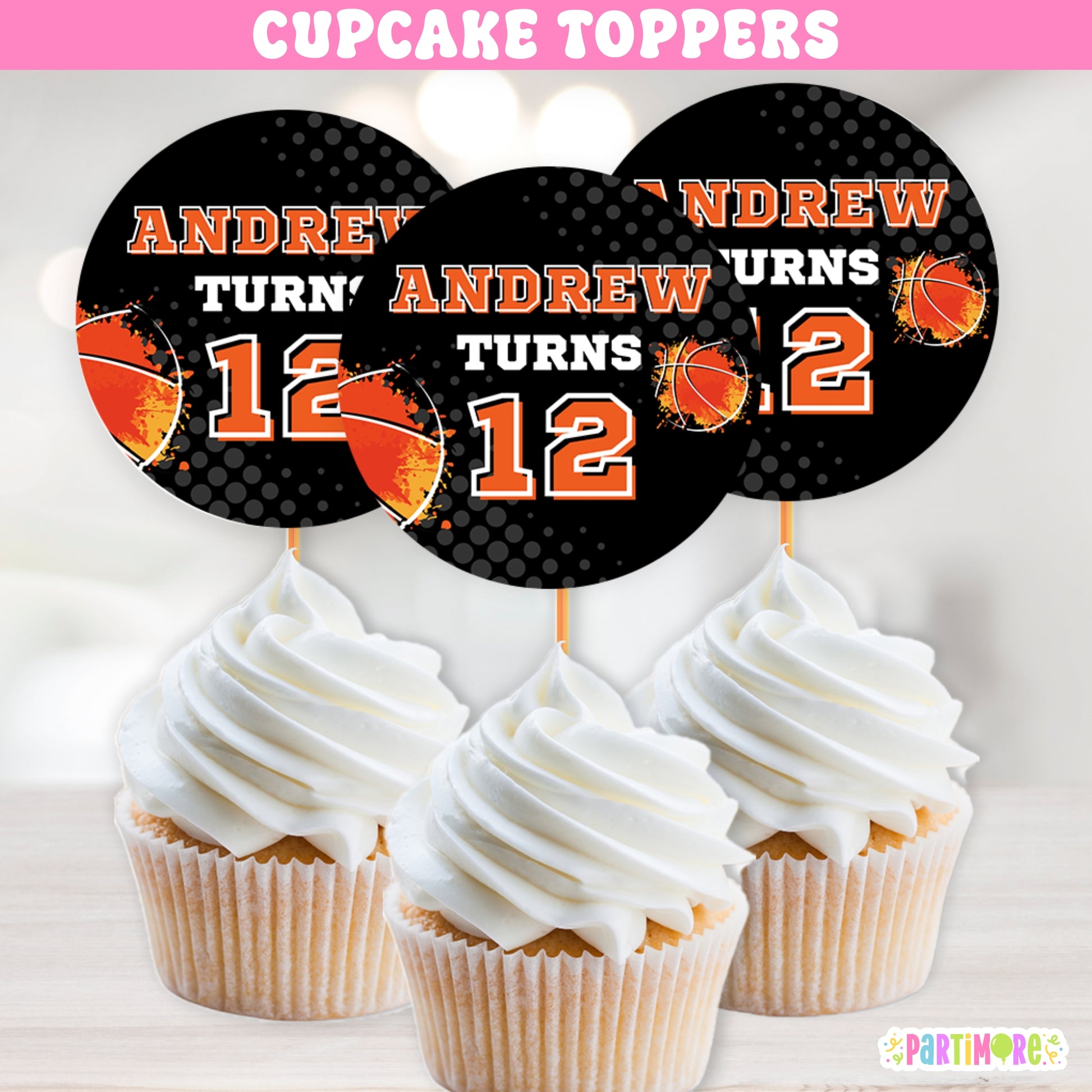 Basketball cupcake toppers for 12th birthday parties, personalized sports-themed decorations perfect for hoop birthday celebrations and kids’ sports parties