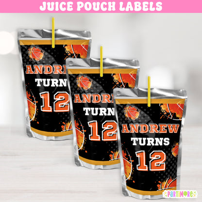 Custom basketball juice pouch labels for kids’ sports 15th birthday parties, perfect for hoop-themed decorations and basketball party drinks