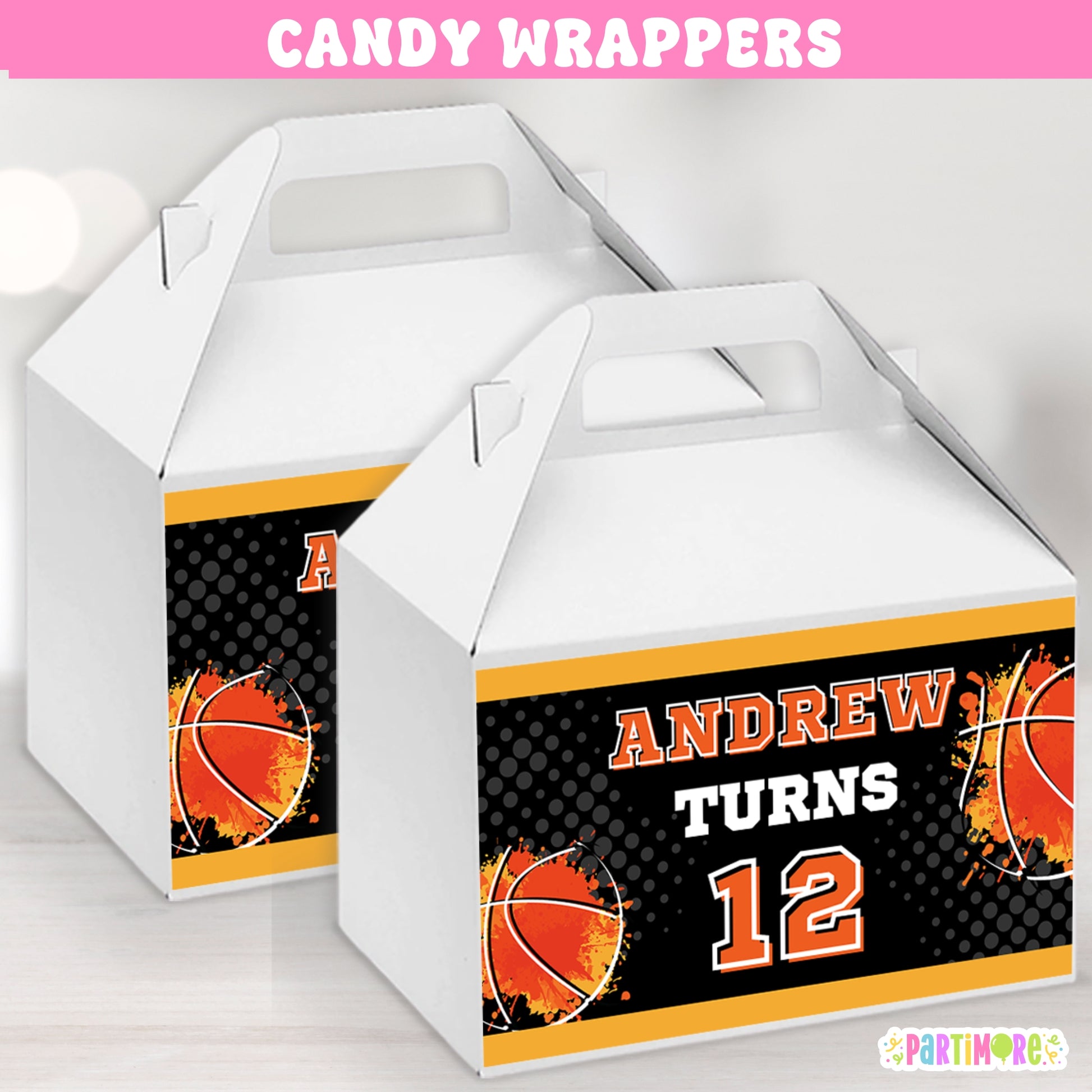 Basketball gable box labels for party favors, personalized sports goodie bag stickers, basketball hoop birthday decorations