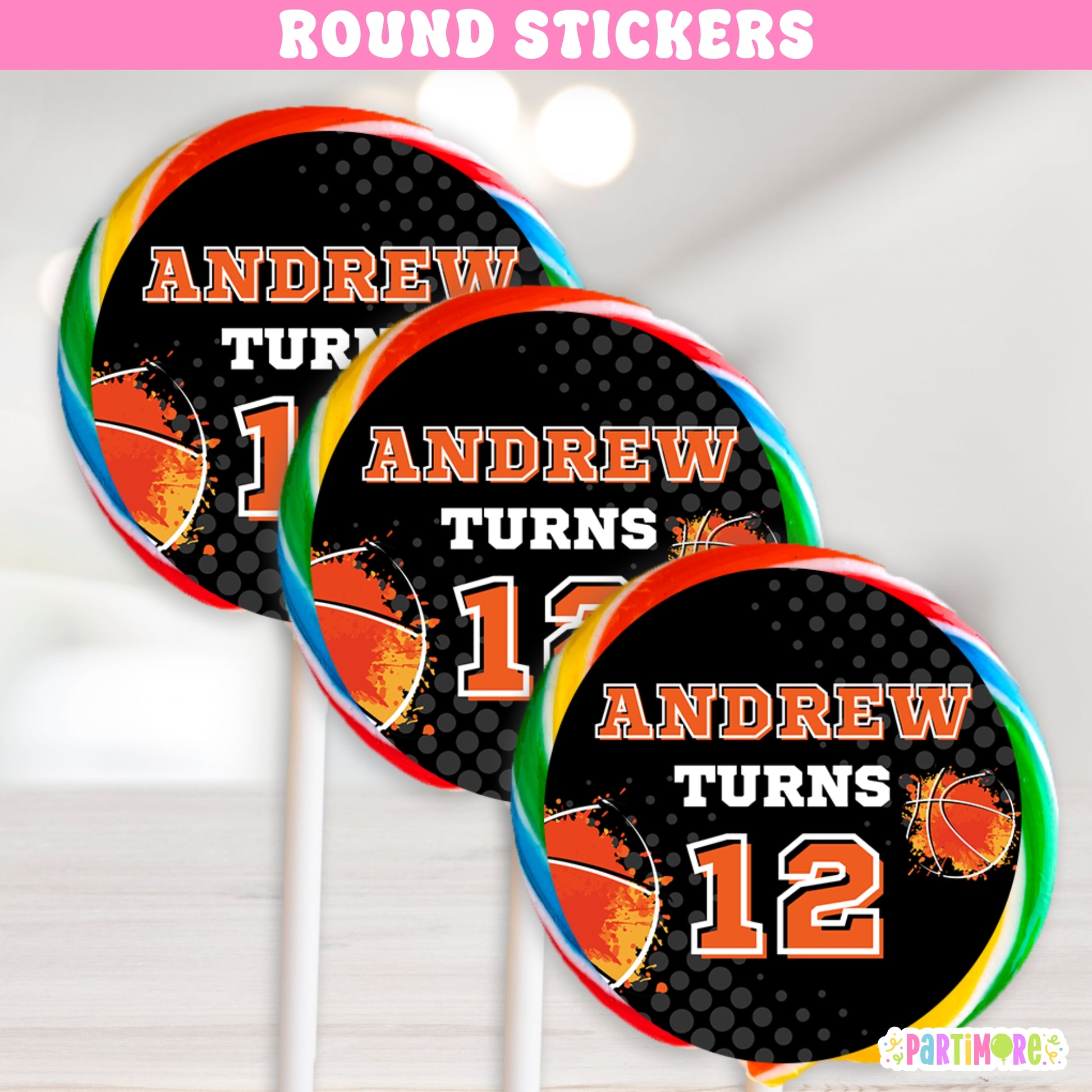 Basketball birthday lollipop stickers for party favors, personalized sports-themed round labels for hoop birthday decorations
