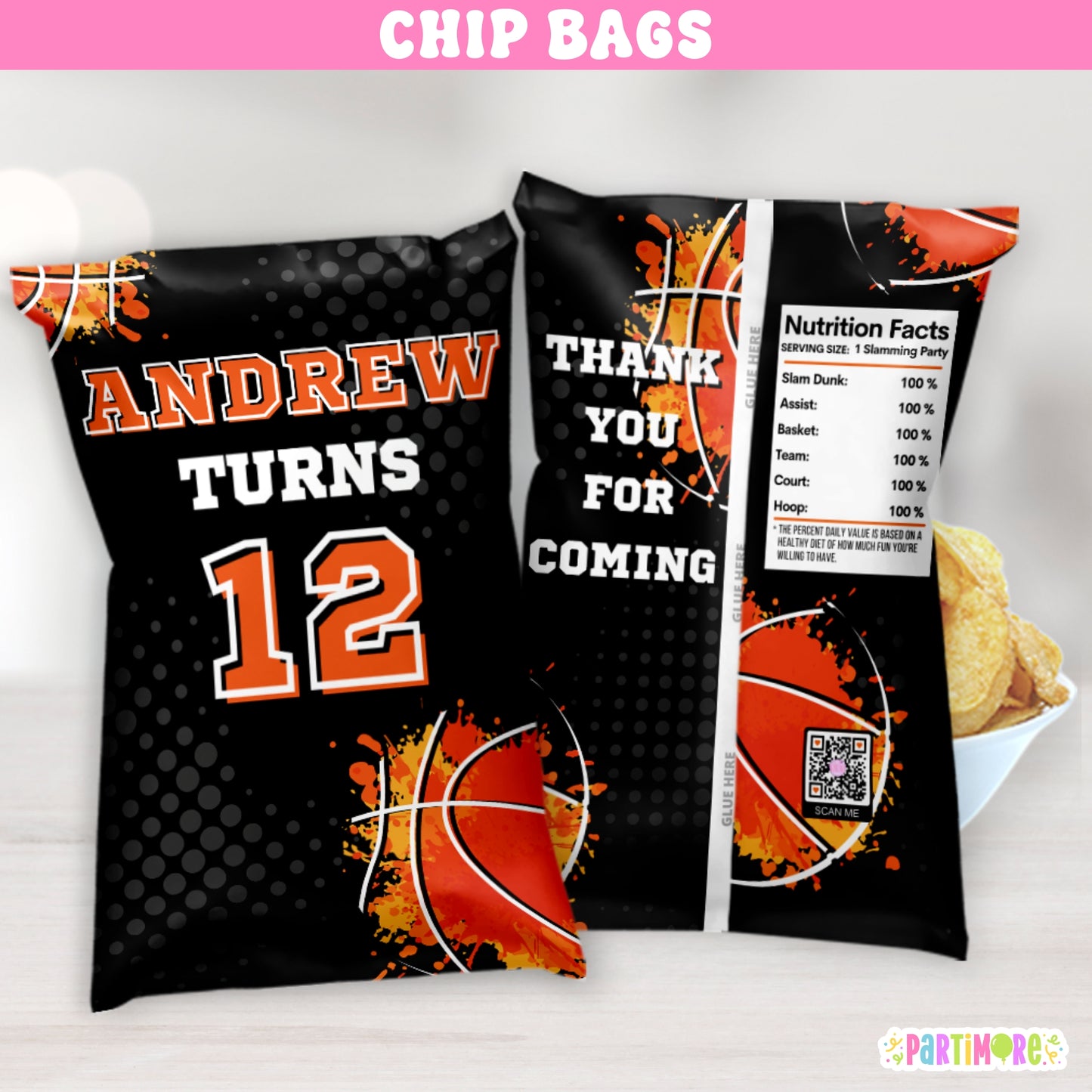 Basketball birthday chip bag wrappers for sports party favors, featuring fun orange and black hoop design for basketball themed party decorations