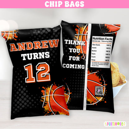 Basketball birthday chip bag wrappers for sports party favors, featuring fun orange and black hoop design for basketball themed party decorations