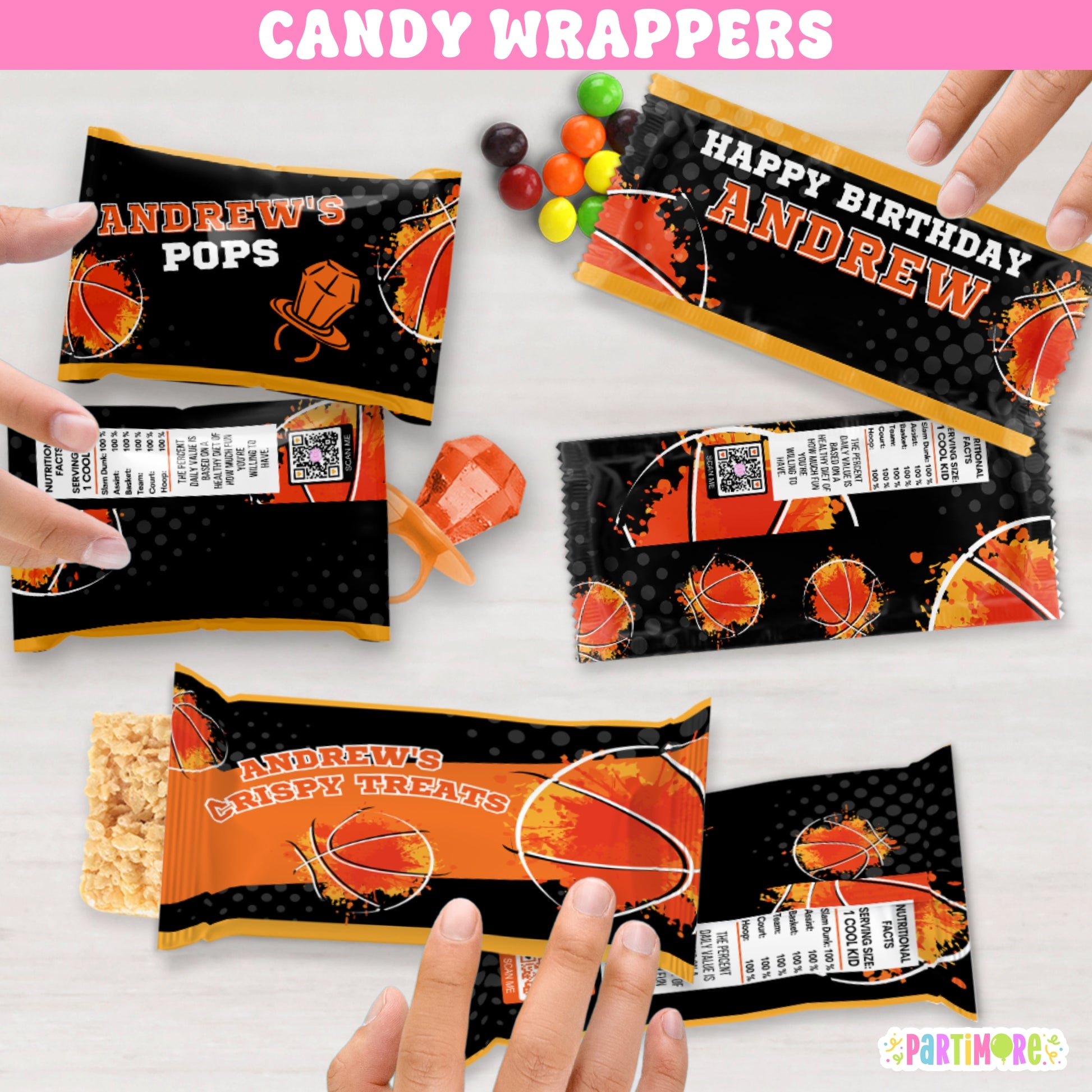 Custom basketball birthday candy wrappers for sports party favors, perfect for basketball themed birthday table decorations and hoop party supplies