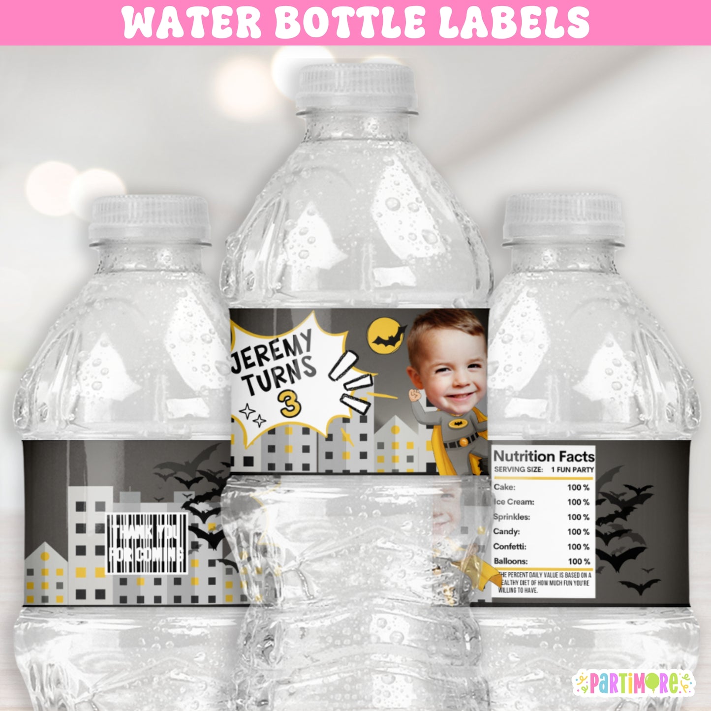 Bat hero water bottle labels for boy's birthday party, personalized comic book style drink wrappers with custom name and age