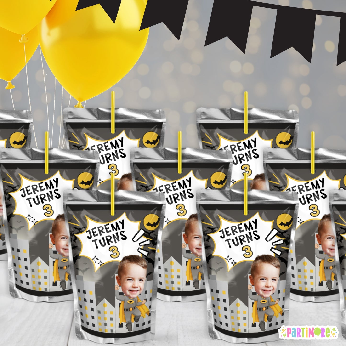 Urban Hero Juice Pouch Labels | Personalized Superhero Comic Bat Party Favor Stickers