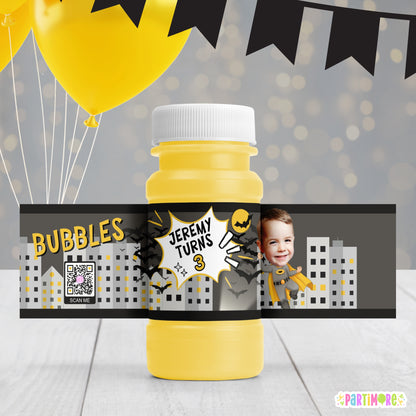 Bat City Defender Bubble Bottle Labels | Personalized Superhero Party Stickers