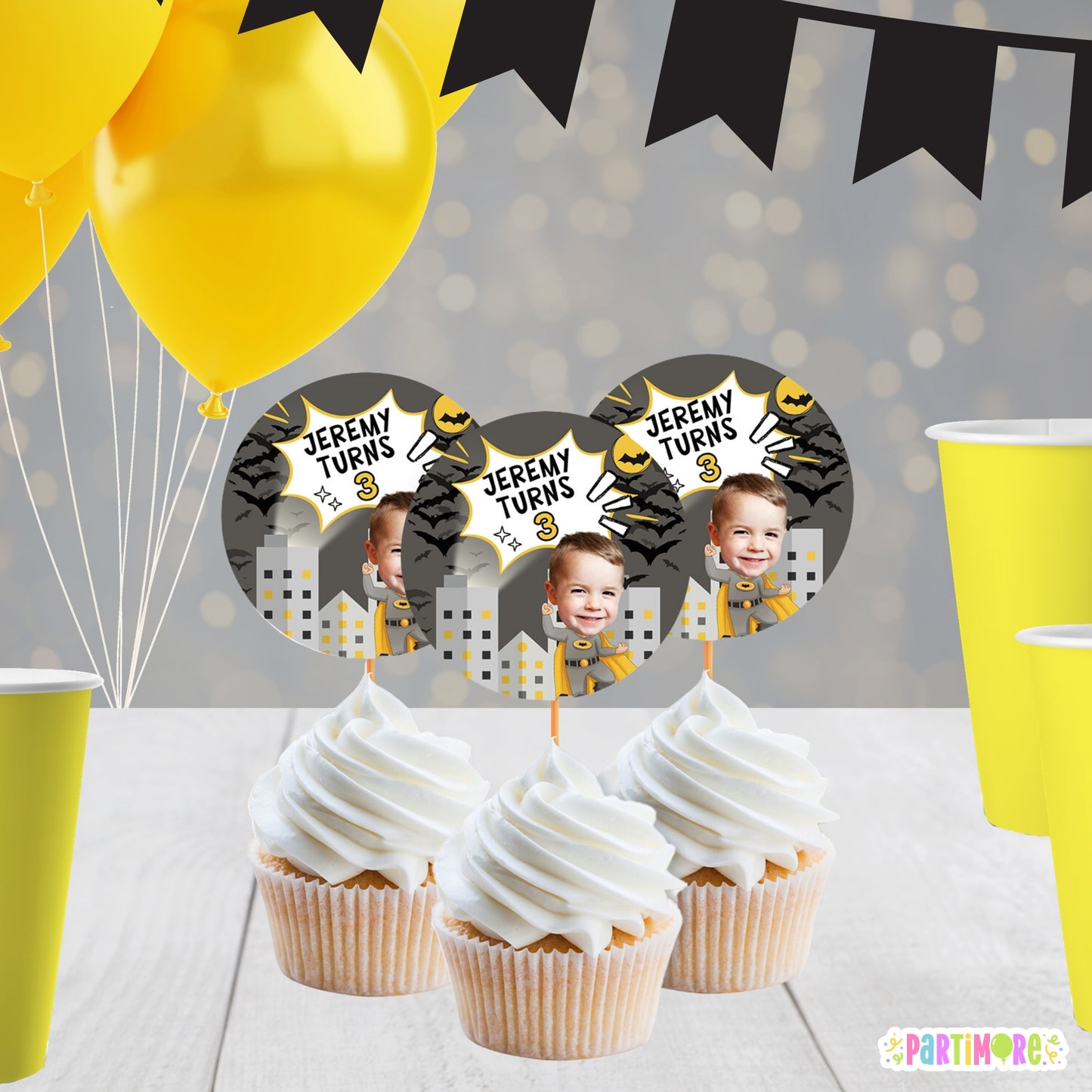 Heroic Bat City Cupcake Toppers | Personalized Superhero Birthday Decorations