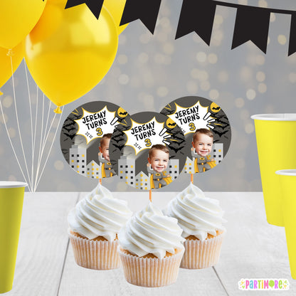 Heroic Bat City Cupcake Toppers | Personalized Superhero Birthday Decorations