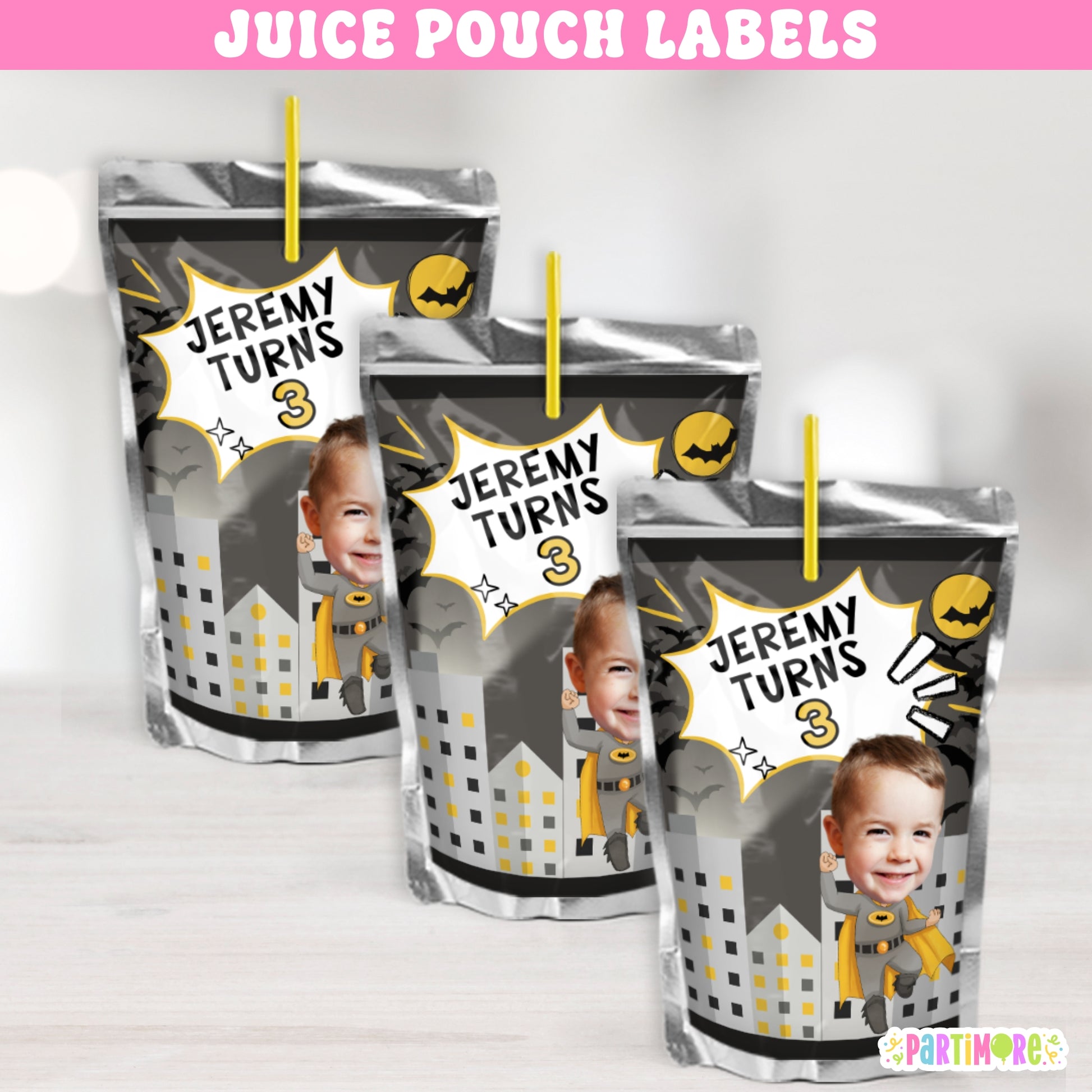 Personalized bat superhero juice pouch labels for boy's birthday, comic book skyline design drink pouches with custom name and age