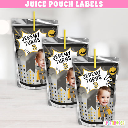 Personalized bat superhero juice pouch labels for boy's birthday, comic book skyline design drink pouches with custom name and age