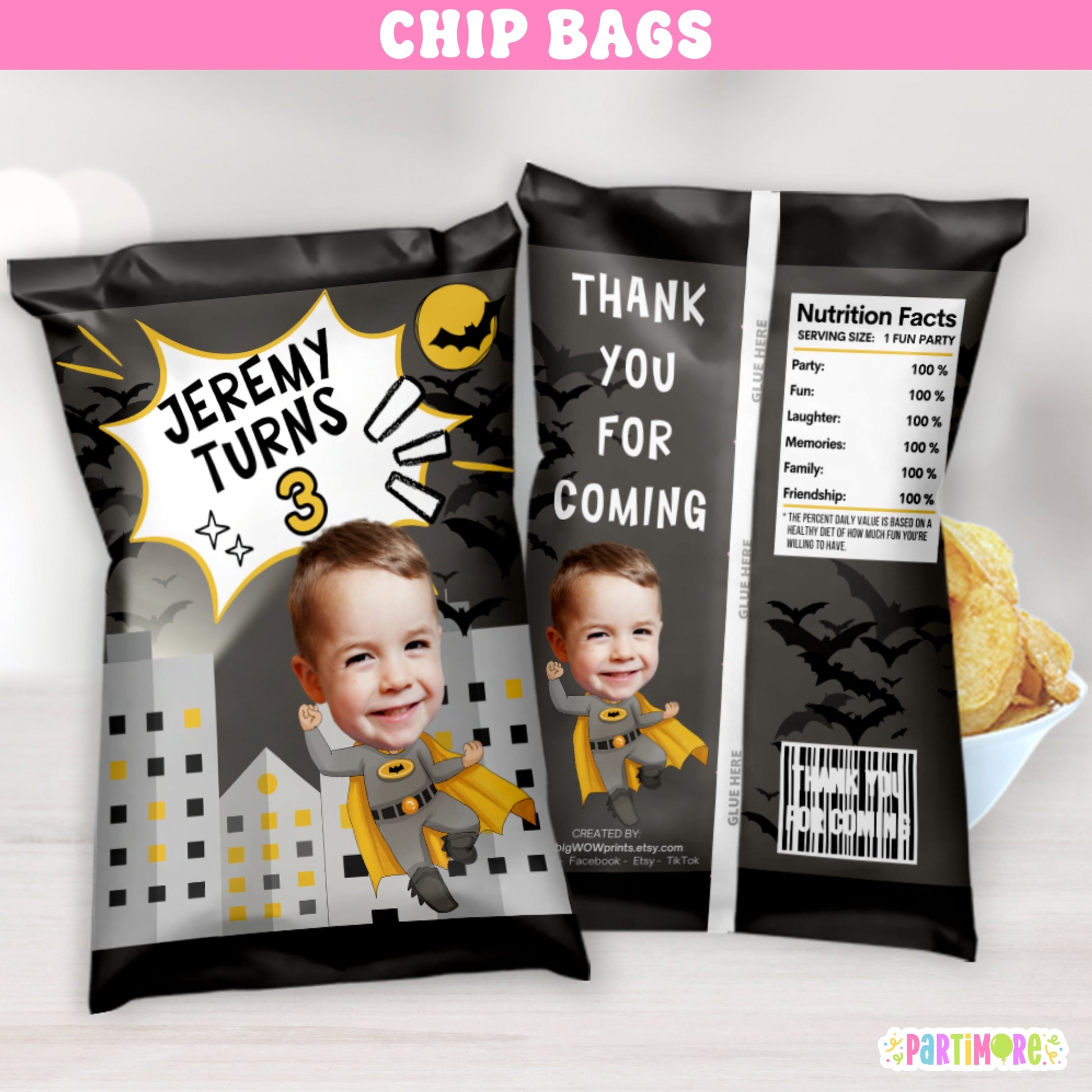 Personalized superhero cityscape chip bag wrappers for boy's birthday party, comic book style skyline design party favors with custom name and age