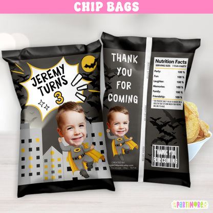 Personalized superhero cityscape chip bag wrappers for boy's birthday party, comic book style skyline design party favors with custom name and age
