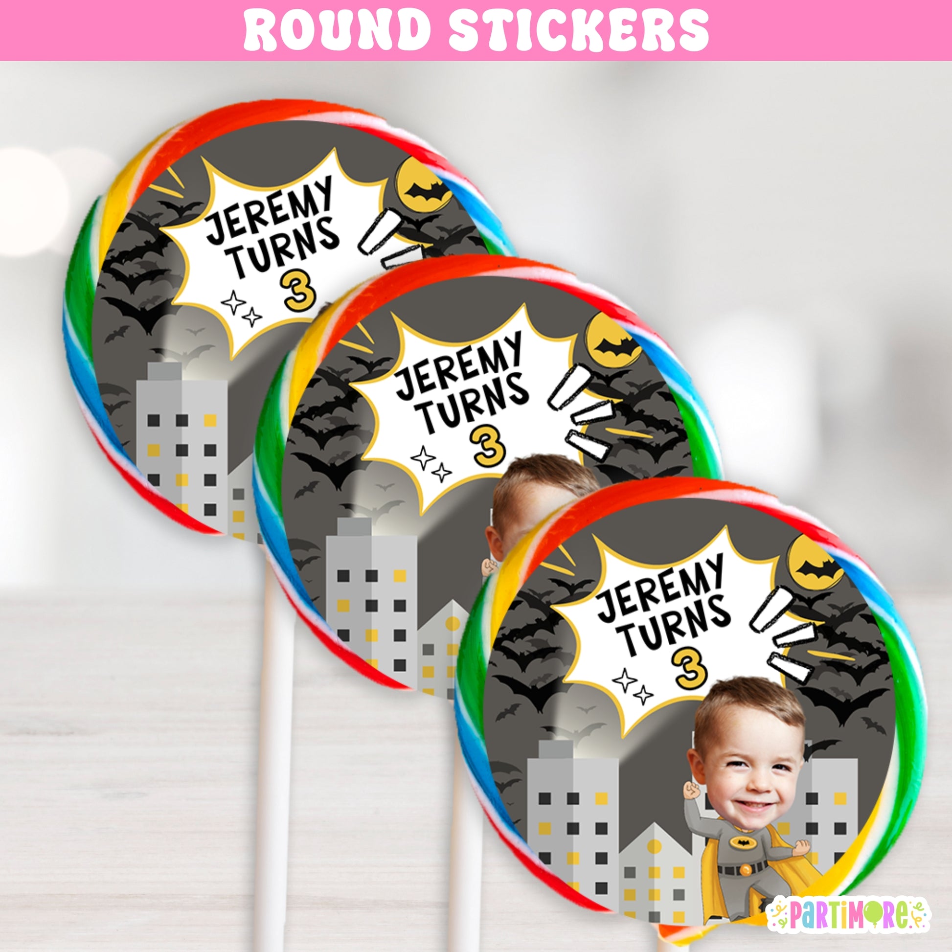 Bat superhero city skyline round stickers for lollipops, boy's comic style birthday party favors, personalized name and age, 3rd birthday decor