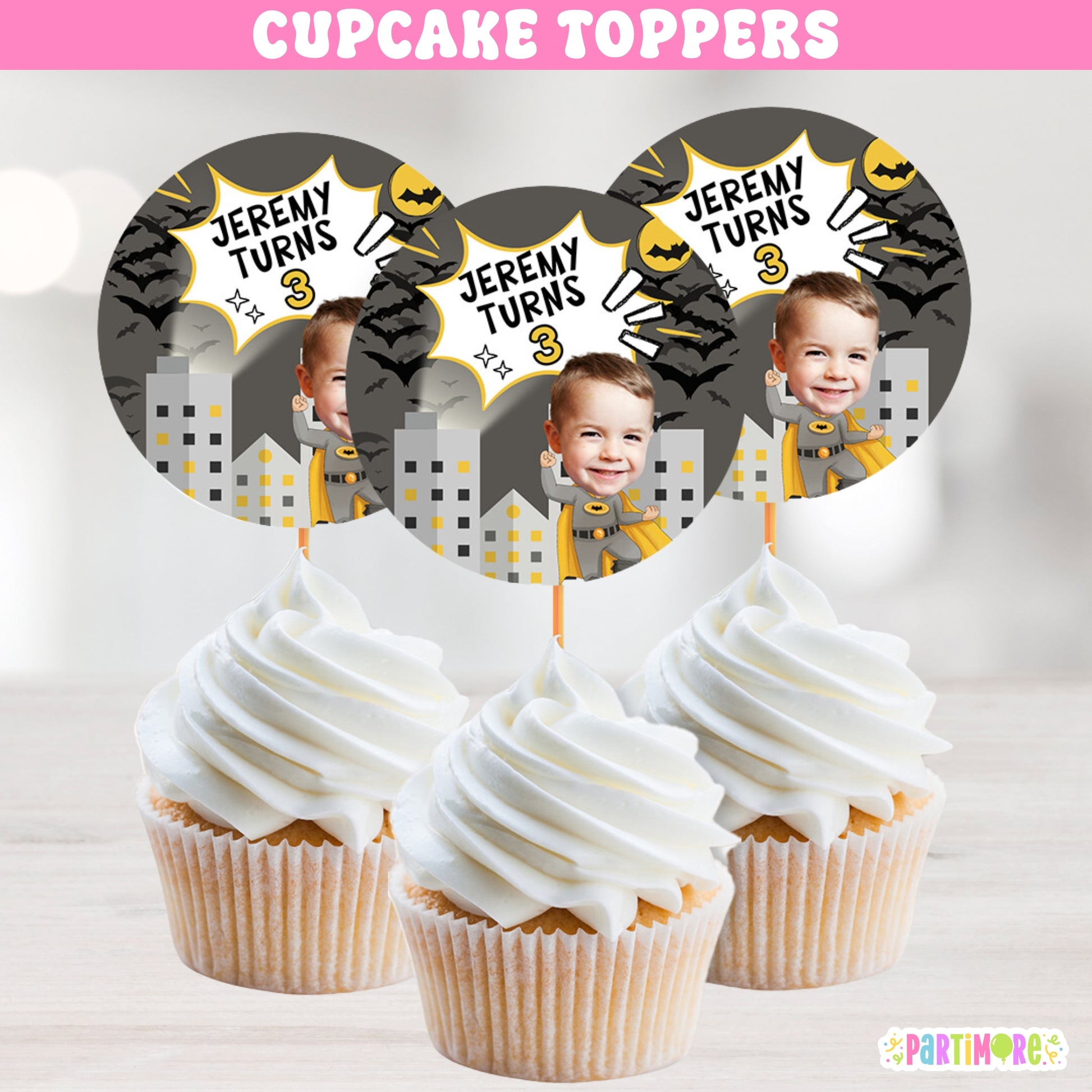 Personalized bat superhero cupcake toppers for boy's and girls comic themed birthday party, skyline design with custom name and age