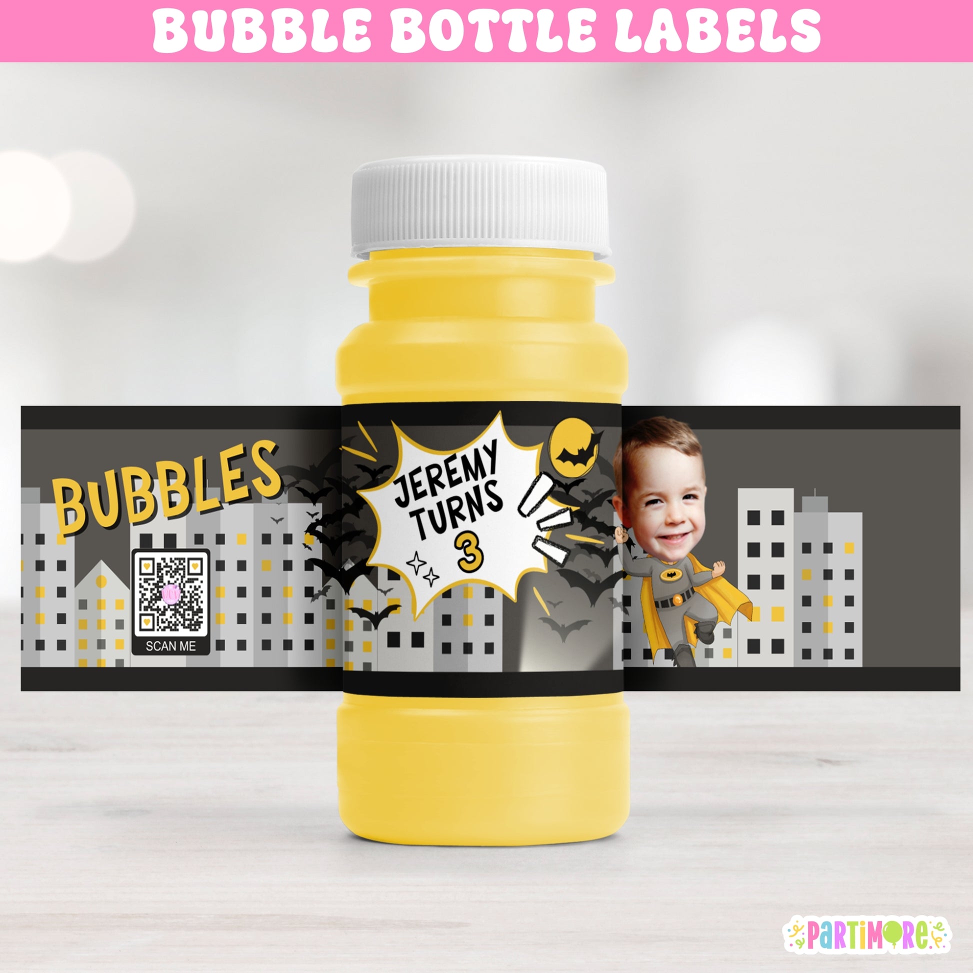 Bat hero bubble bottle labels for boy's birthday party, comic book skyline design, personalized name and age