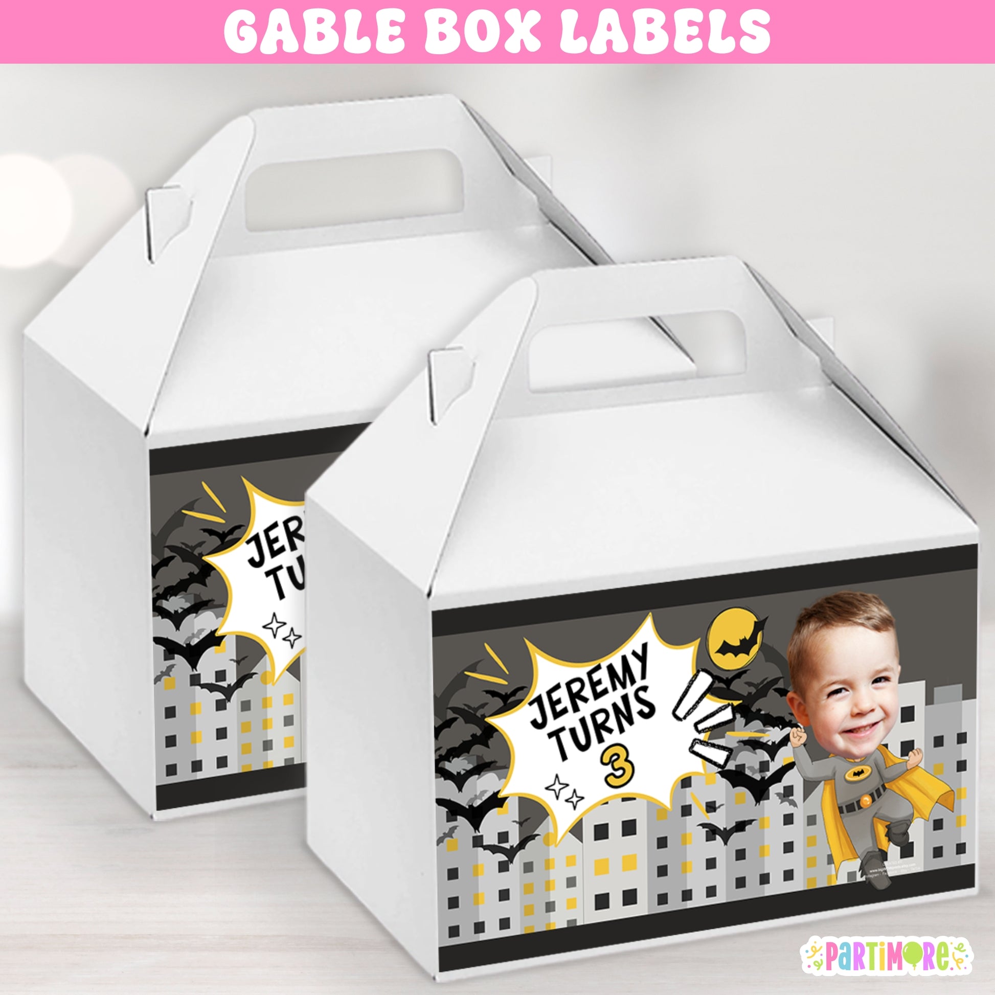 Personalized superhero gable box labels for boy's birthday, comic book skyline design party favor boxes with custom name and age