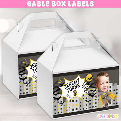 Personalized superhero gable box labels for boy's birthday, comic book skyline design party favor boxes with custom name and age