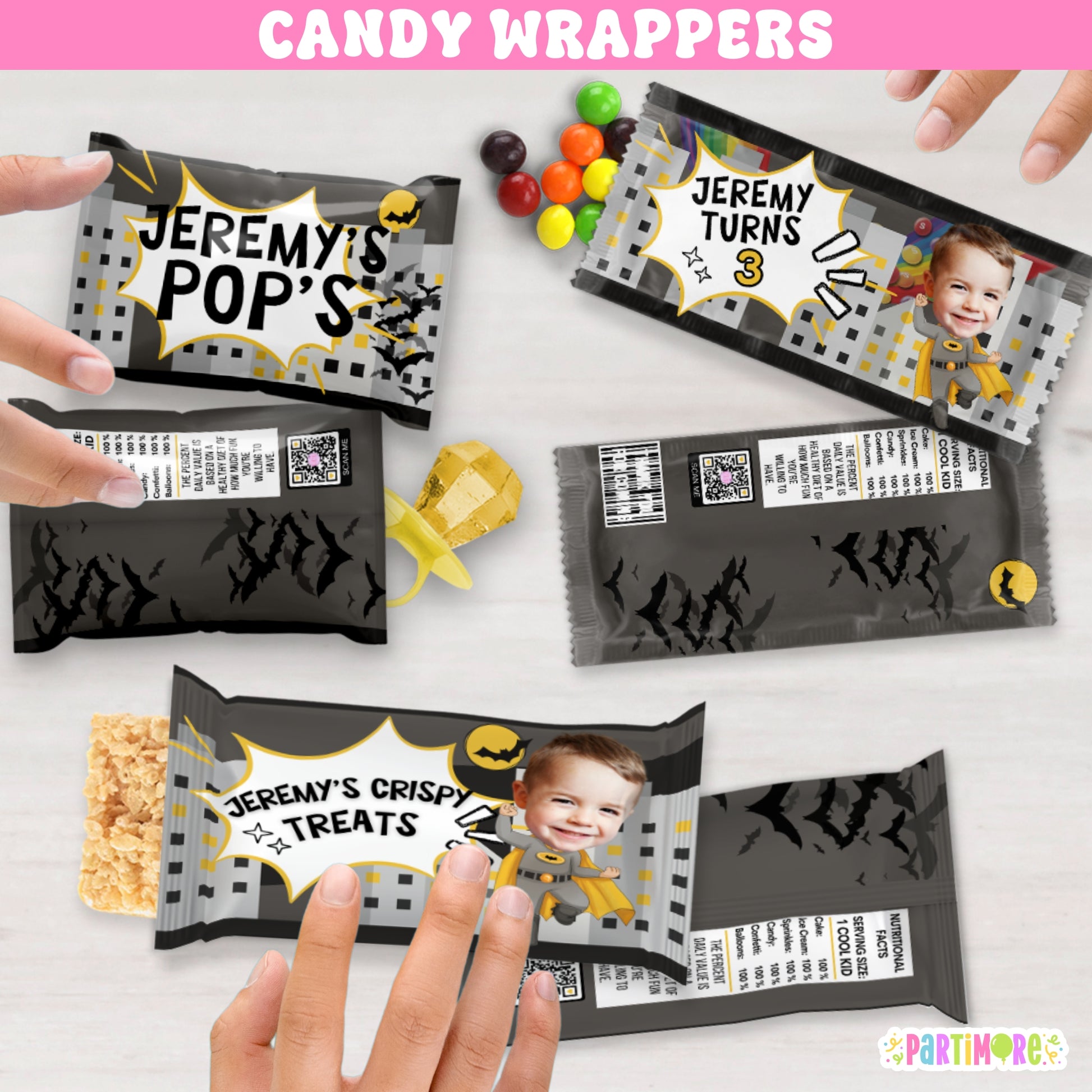 Personalized bat superhero candy wrappers for boy's birthday party, comic book style city skyline treat bag labels, custom name and age