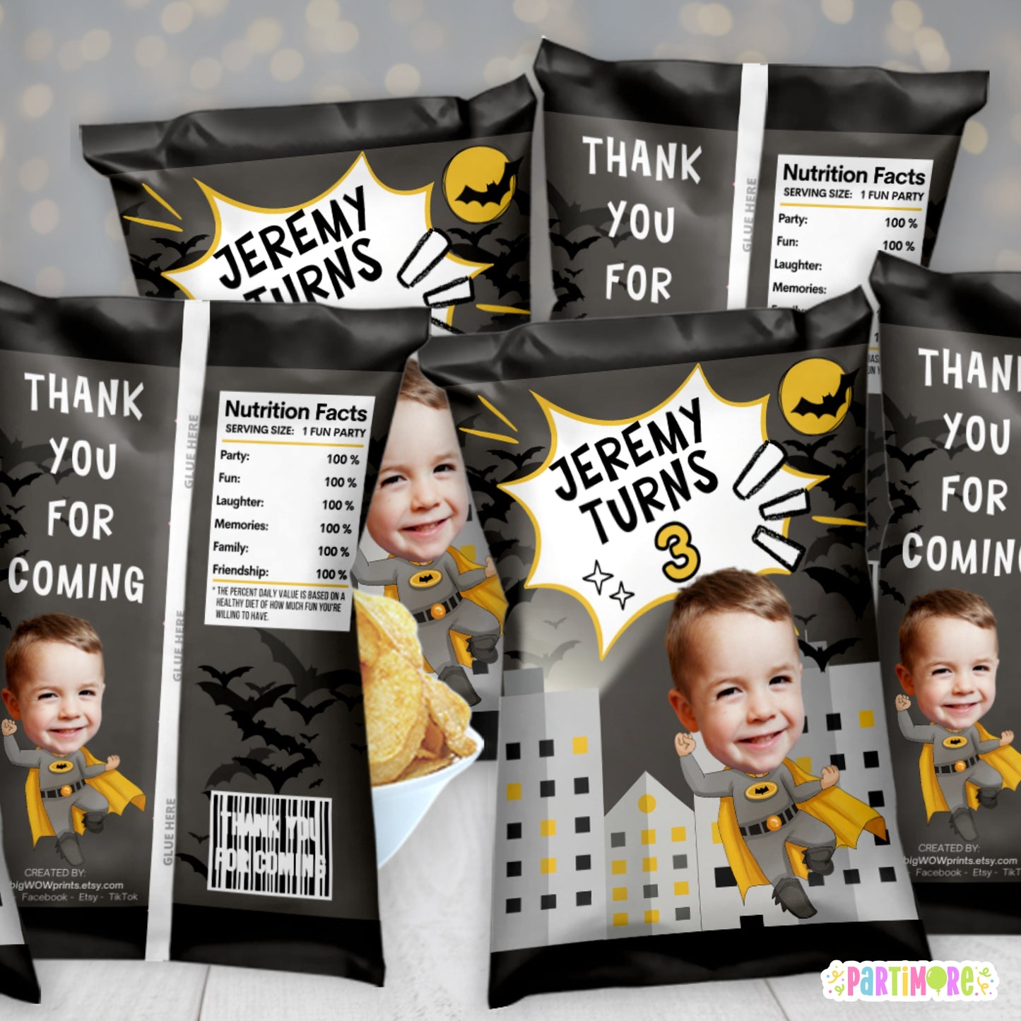 Personalized Gotham Bat Superhero Chip Bags | Custom Face Cutout Comic Book Party Favors | Flying Hero Treat Bags