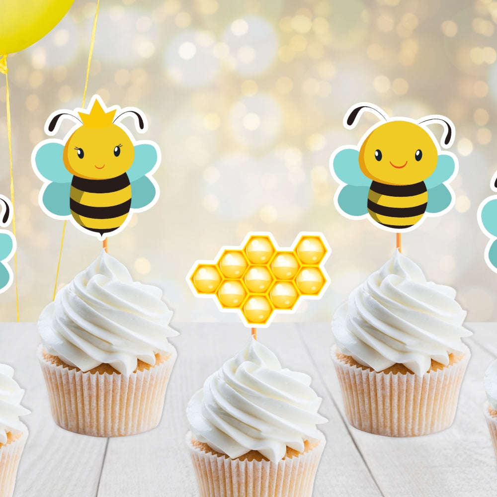 bumble bee cupcake toppers, bee party decorations, bee party decor, bumble bee theme, small bee cake topper, honeycomb, queen bee, drone bee, 