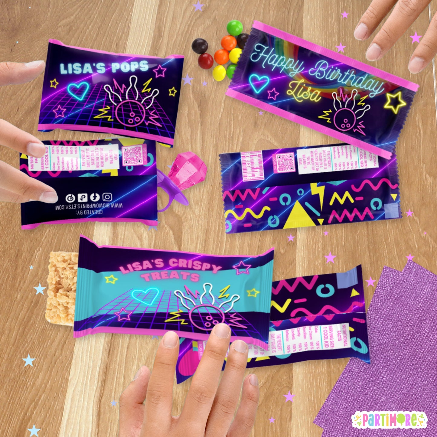 Personalized Bowling Candy Wrappers | Retro 90’s Neon Glow Party Favors