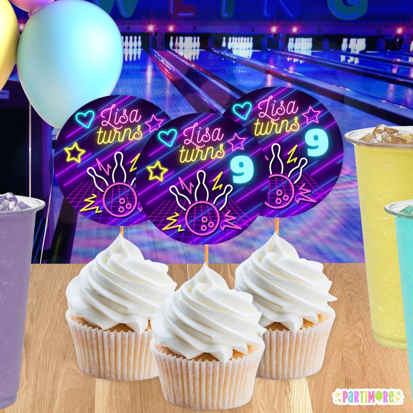 Personalized Bowling Cupcake Toppers | Neon Glow Party Decorations