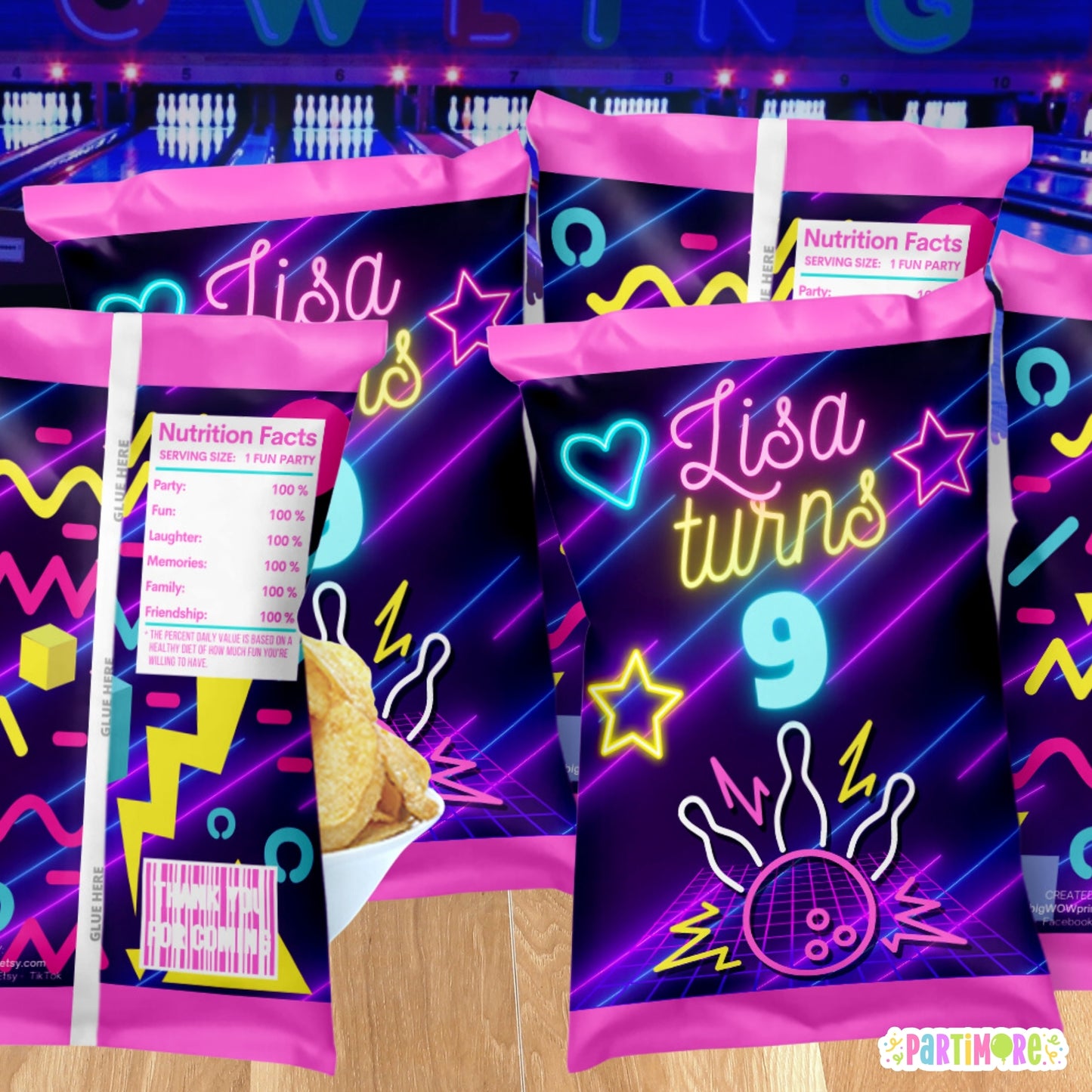 Personalized Bowling Chip Bags | Retro Neon Glow Party Favors Treat Bags
