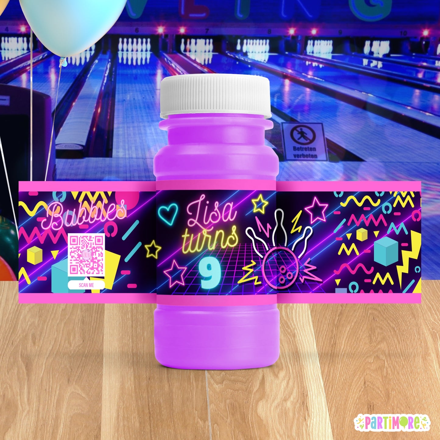 Personalized Bowling Bubble Bottle Labels | Neon Glow Party Favors