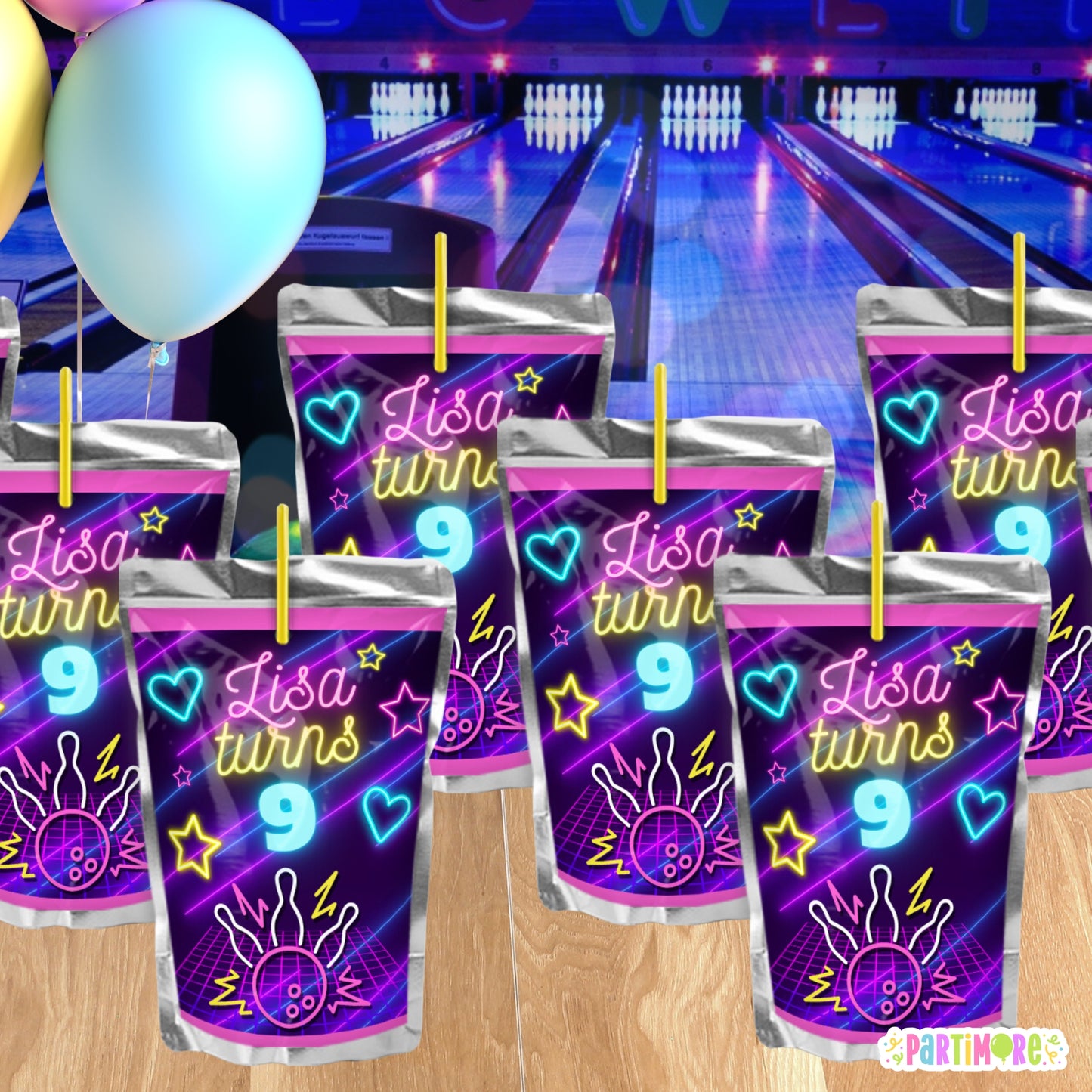 Personalized Bowling Juice Pouch Labels | Neon Glow Birthday Party Favors