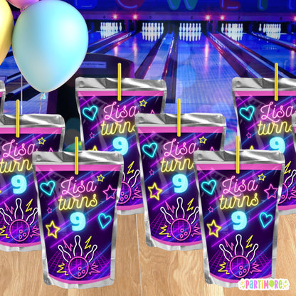 Personalized Bowling Juice Pouch Labels | Neon Glow Birthday Party Favors