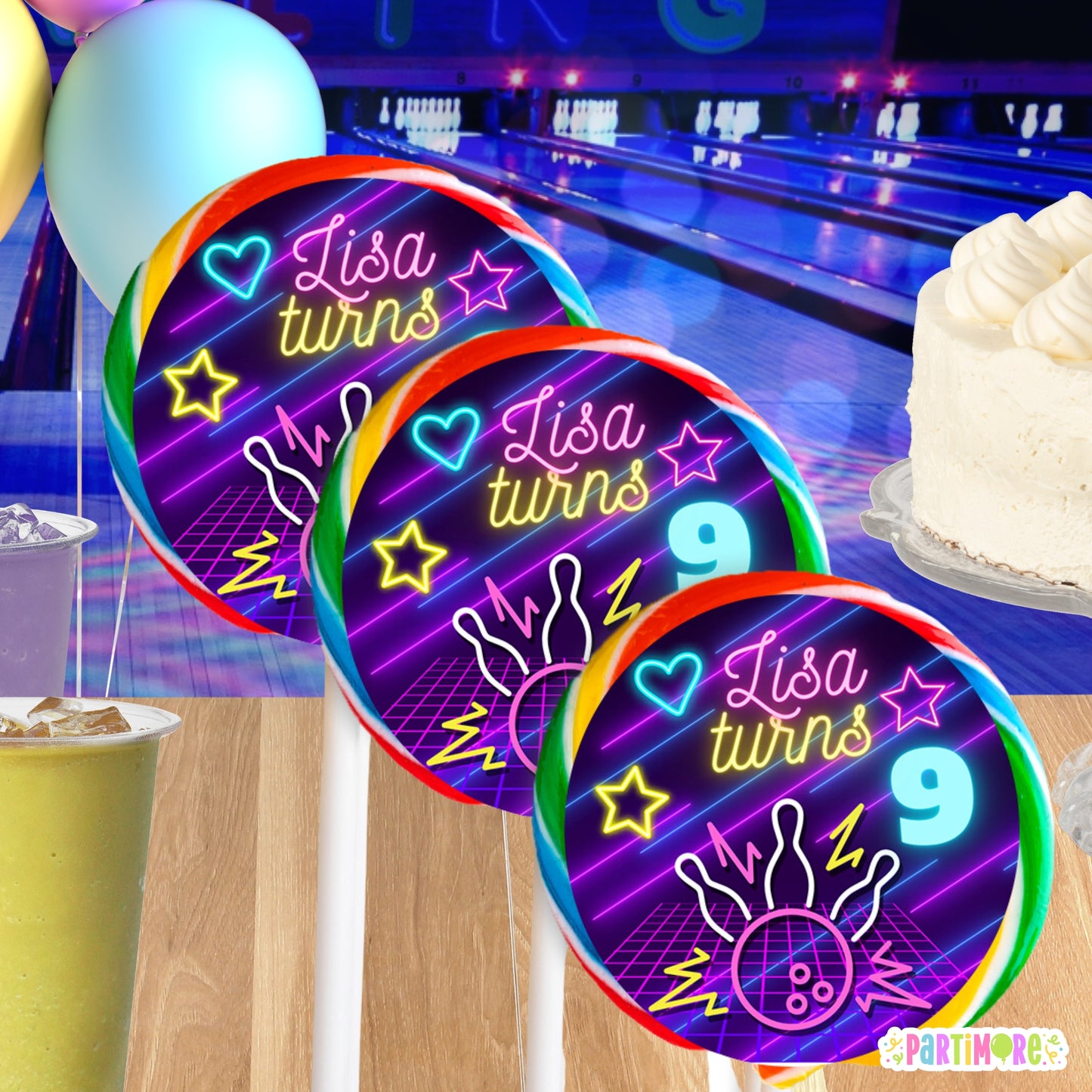 Personalized Neon Glow Inspired Bowling Lollipop Round Stickers | Girls Sports Party Favors & Decorations