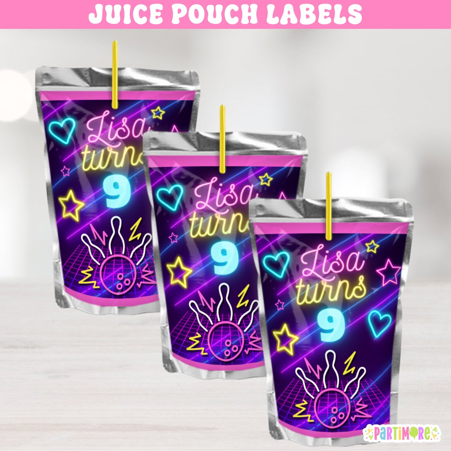 Personalized Bowling Juice Pouch Labels | Neon Glow Birthday Party Favors