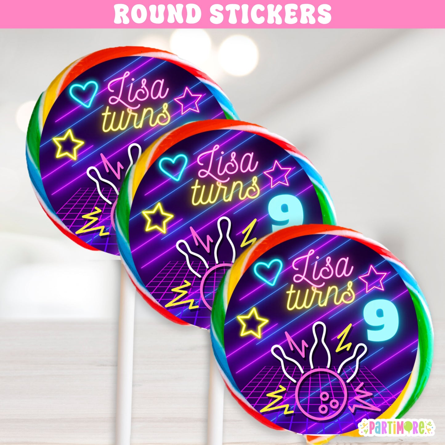 Personalized Neon Glow Inspired Bowling Lollipop Round Stickers | Girls Sports Party Favors & Decorations