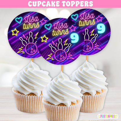 Personalized Bowling Cupcake Toppers | Neon Glow Party Decorations