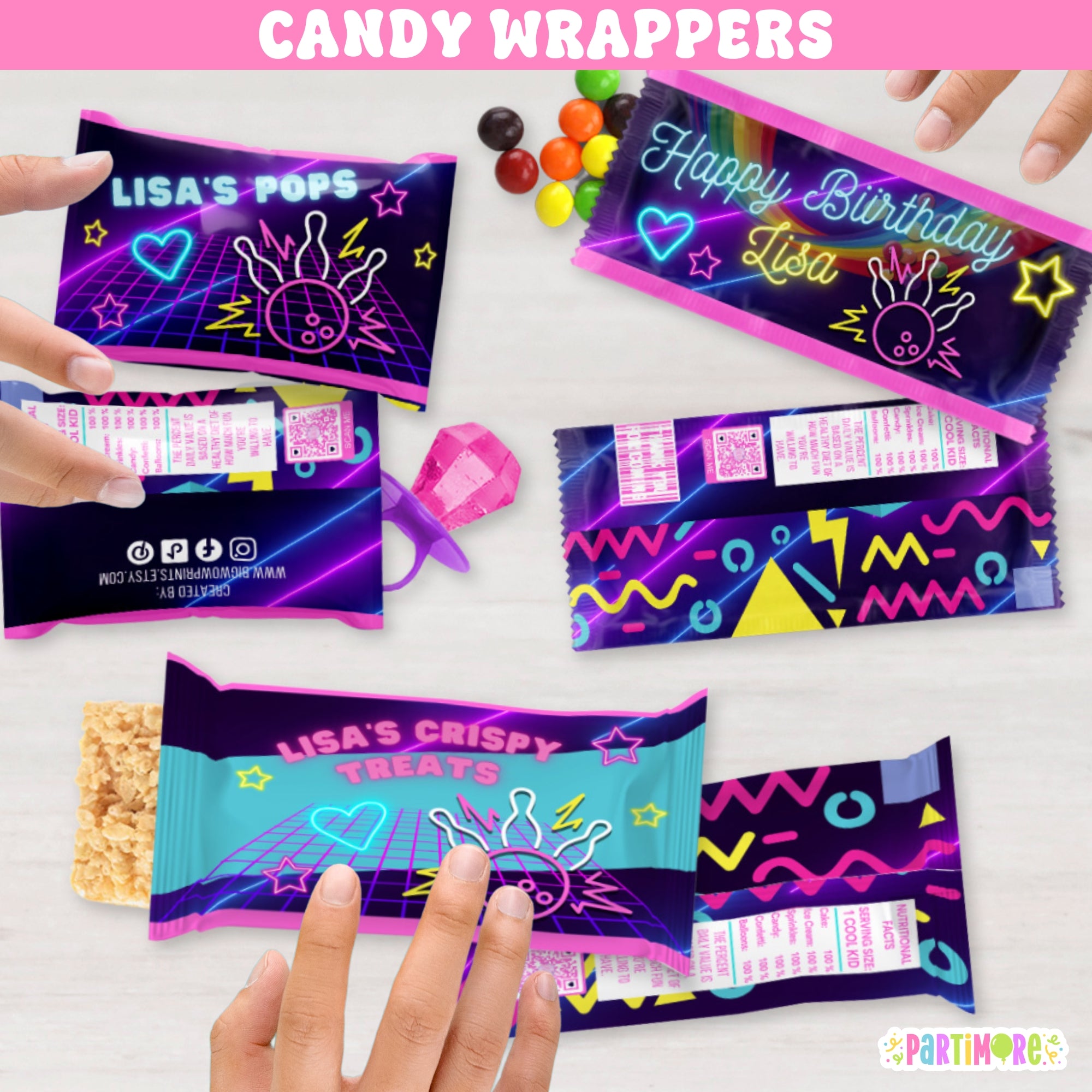 Wrappers Life Personalized Bowling Candy Wrappers | Retro 90’s Neon Glow Party Favor ...