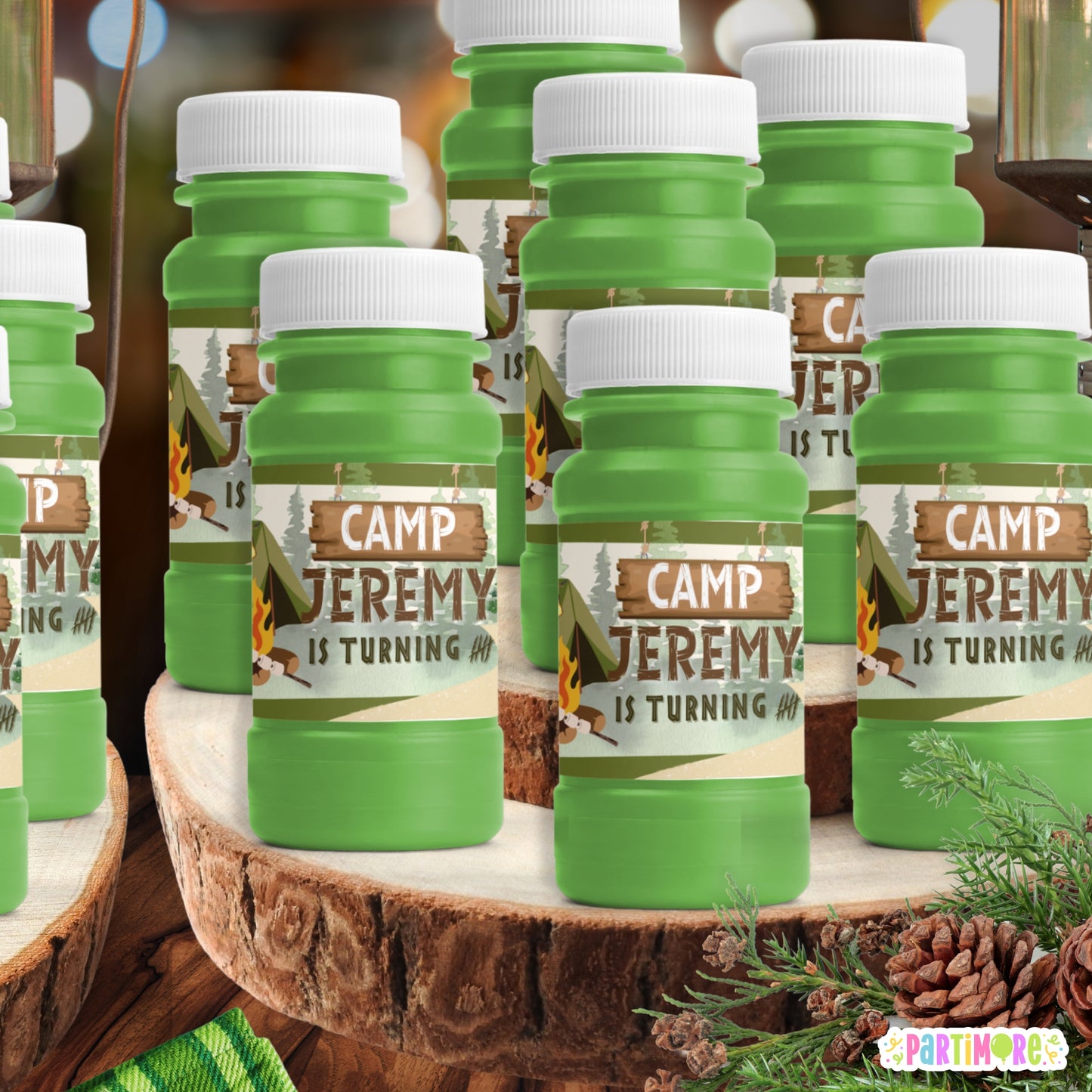 Personalized Camping Bubble Bottle Stickers | Happy Camper Party Favors | One Happy Camper 1st Birthday Decor