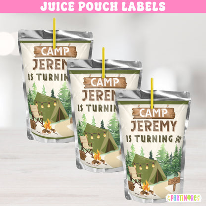 Custom Camping Juice Pouch Labels | Outdoor Birthday Adventure Drink Decor