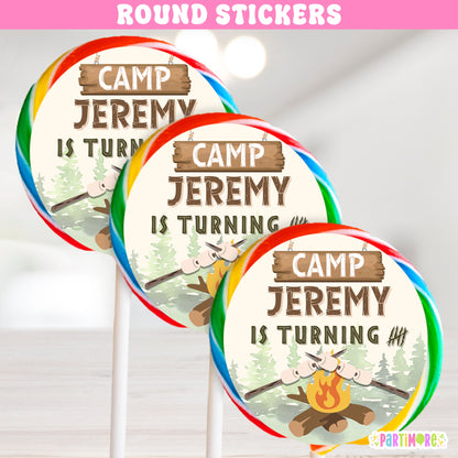 Custom Camping Round Lollipop Stickers | Outdoor Wilderness Adventure | One Happy Camper 1st Birthday Decorations