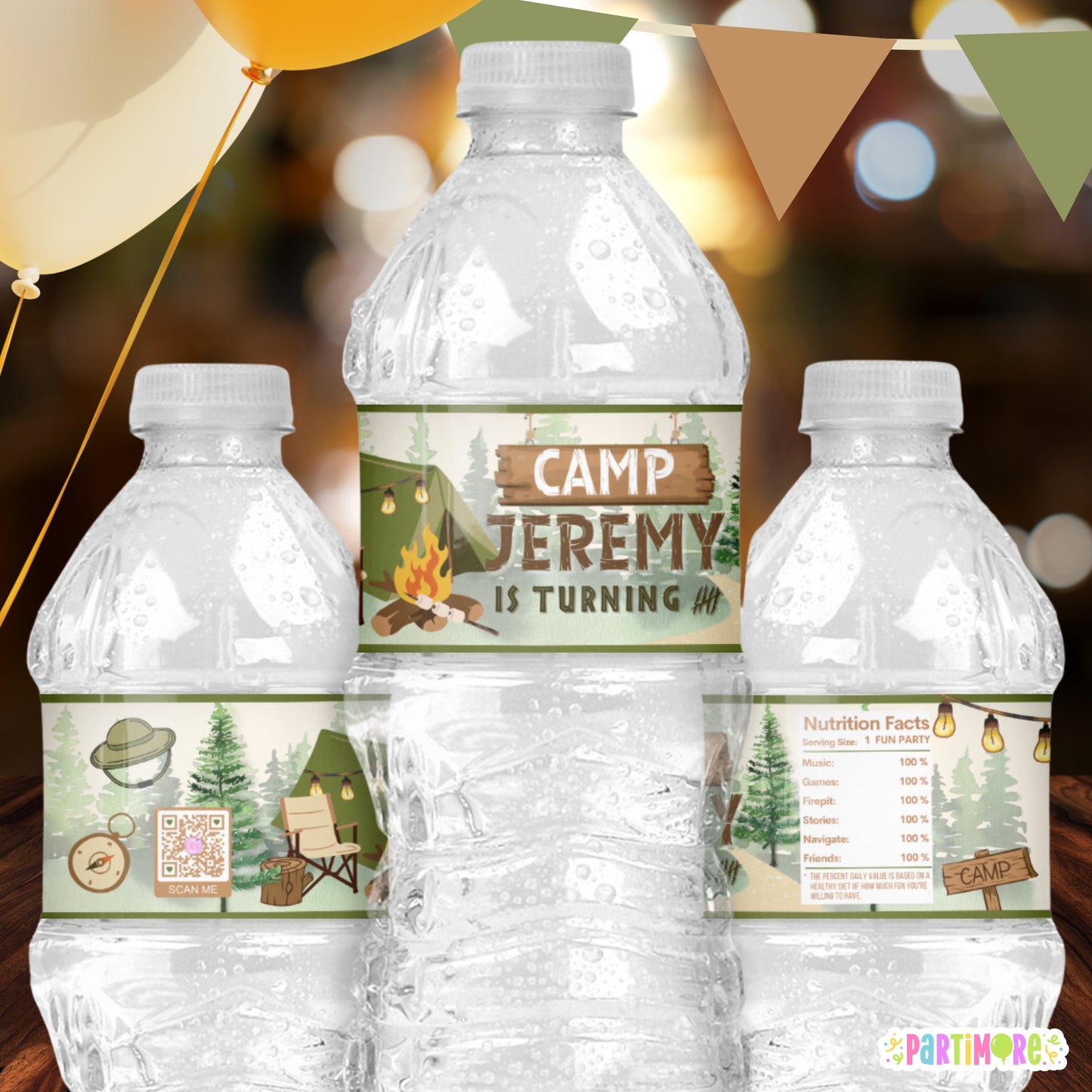 Personalized Camping Water Bottle Labels | Camp Birthday Party Favors | Smores Fire Pit Party Decor