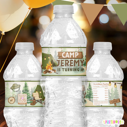 Personalized Camping Water Bottle Labels | Camp Birthday Party Favors | Smores Fire Pit Party Decor