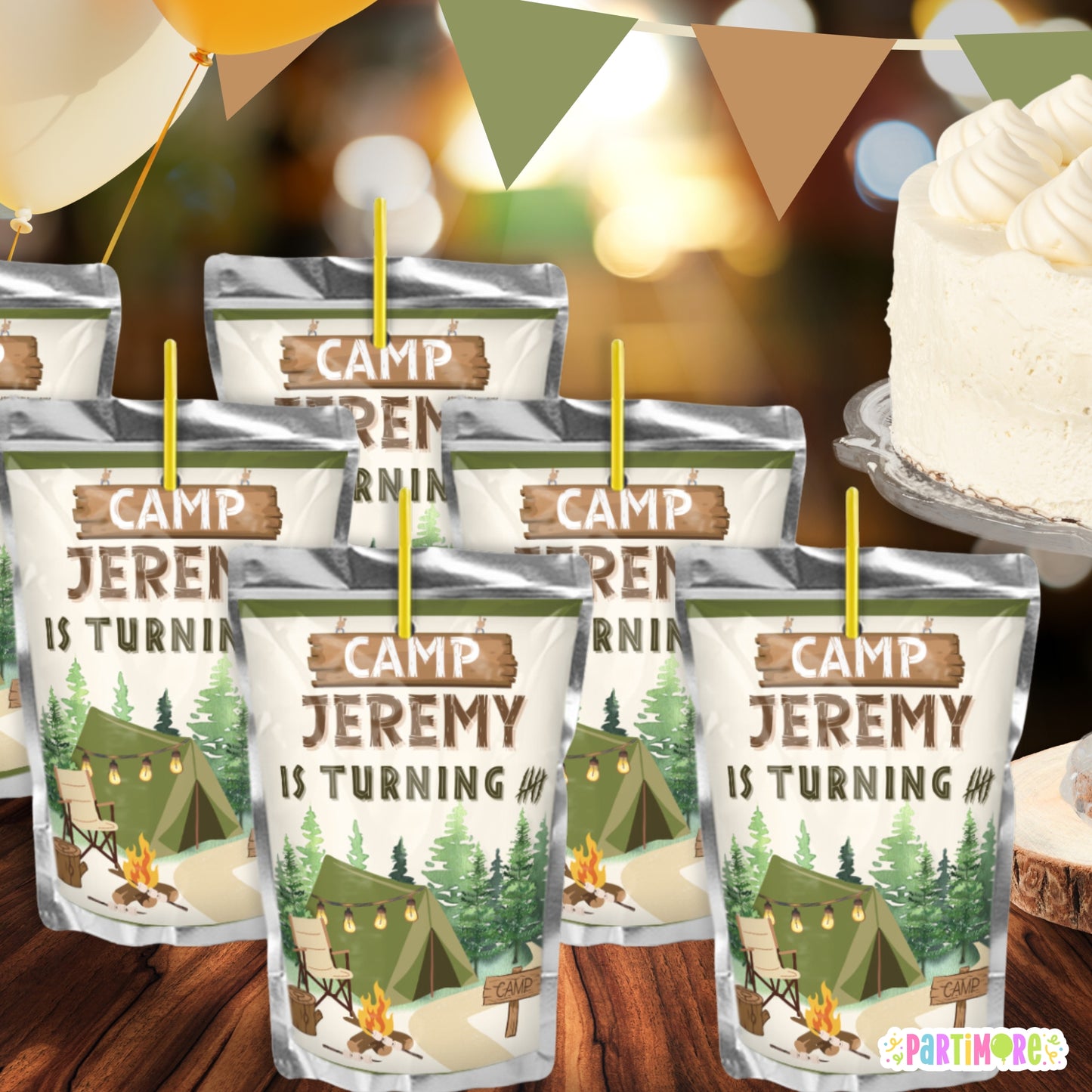 Custom Camping Juice Pouch Labels | Outdoor Birthday Adventure Drink Decor