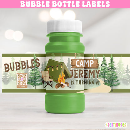 Personalized Camping Bubble Bottle Stickers | Happy Camper Party Favors | One Happy Camper 1st Birthday Decor
