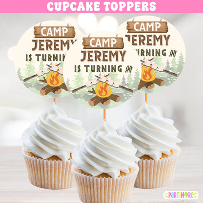 Personalized Camping Cupcake Toppers | Happy Camper Birthday Party Decorations