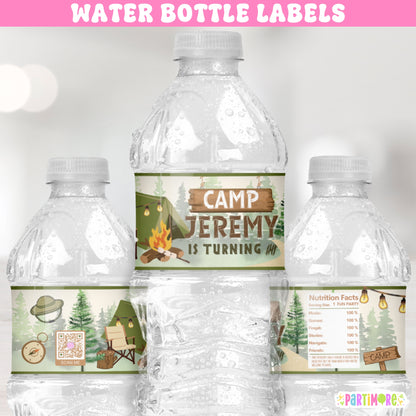 Personalized Camping Water Bottle Labels | Camp Birthday Party Favors | Smores Fire Pit Party Decor