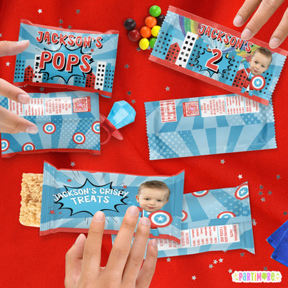 Custom American Superhero Candy Wrappers | Personalized Comic Birthday Party Favors
