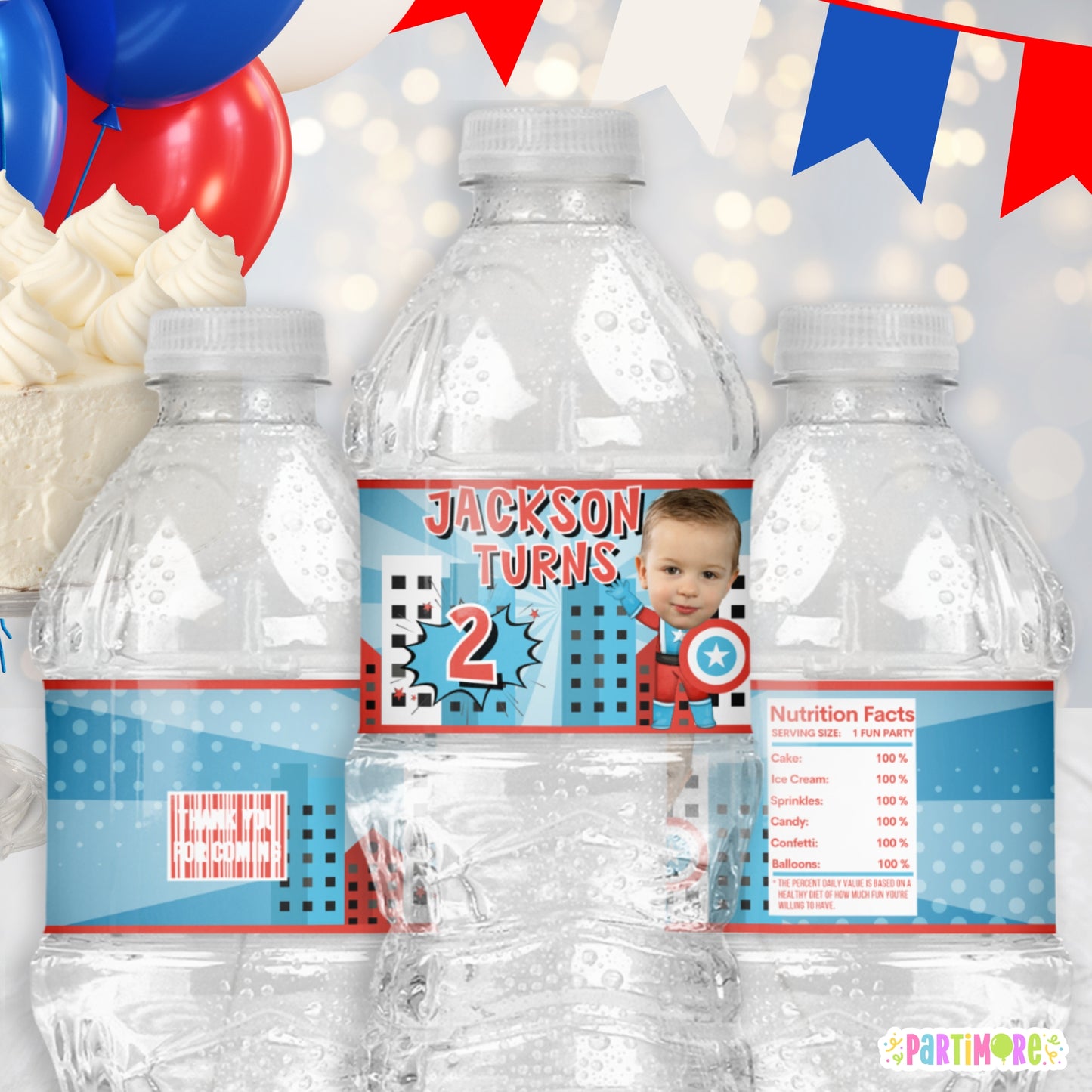 Custom Patriotic American Hero Water Bottle Labels | Personalized Superhero Birthday Party Favor Stickers For Boys Comic Party