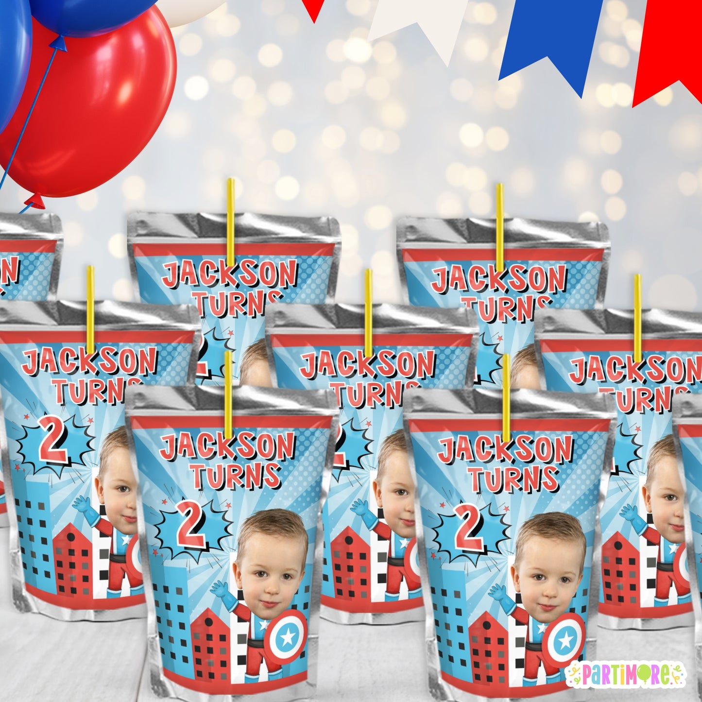Custom American Hero Juice Labels | Personalized Boys Comic Birthday Party Favor Stickers
