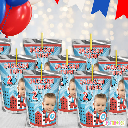 Custom American Hero Juice Labels | Personalized Boys Comic Birthday Party Favor Stickers