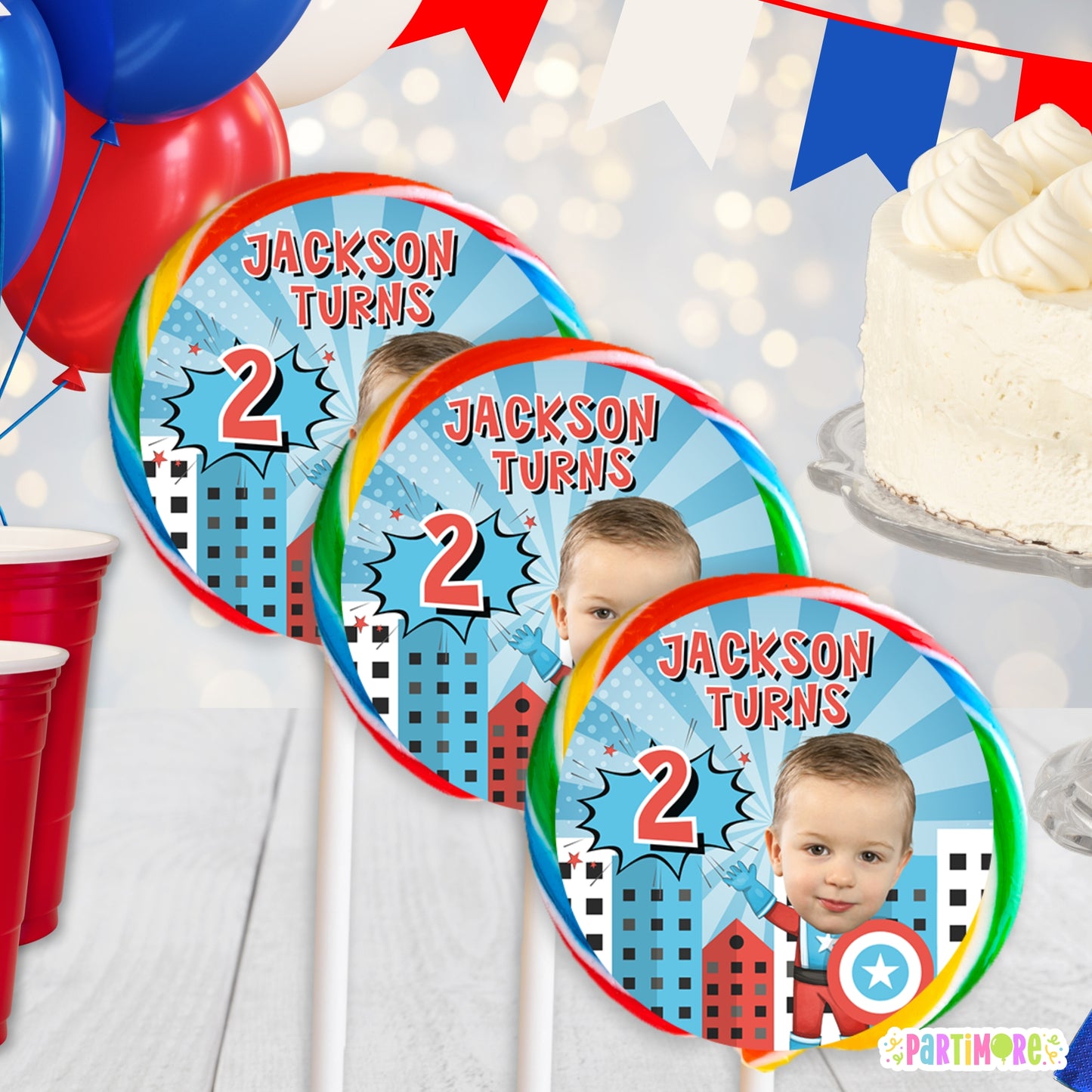 Personalized American Superhero Lollipop Round Stickers | Custom Comic Party Labels